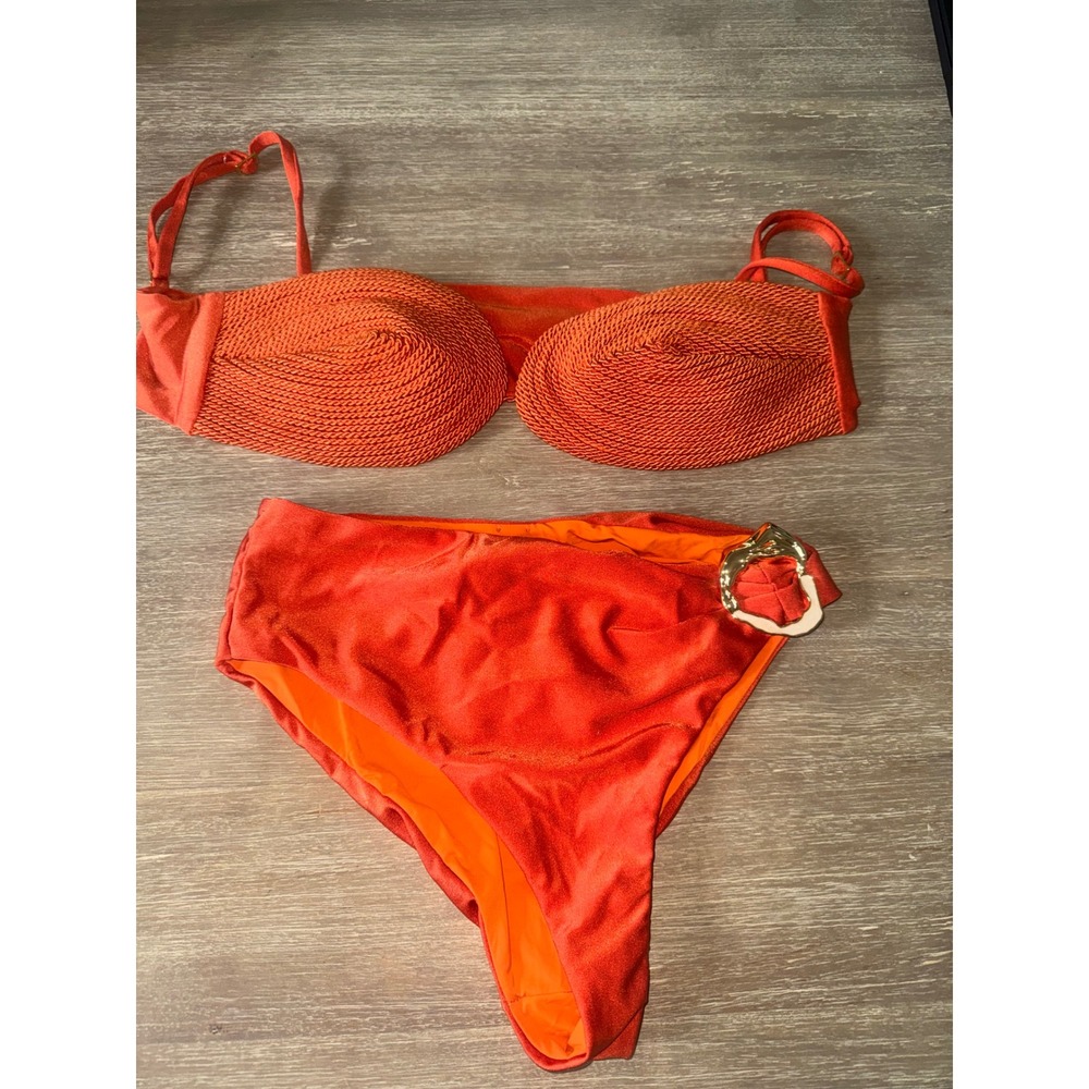 PatBO Burnt Orange Rope Textured Bikini Set High Waist Gold Buckle USA XL - Picture 5 of 9